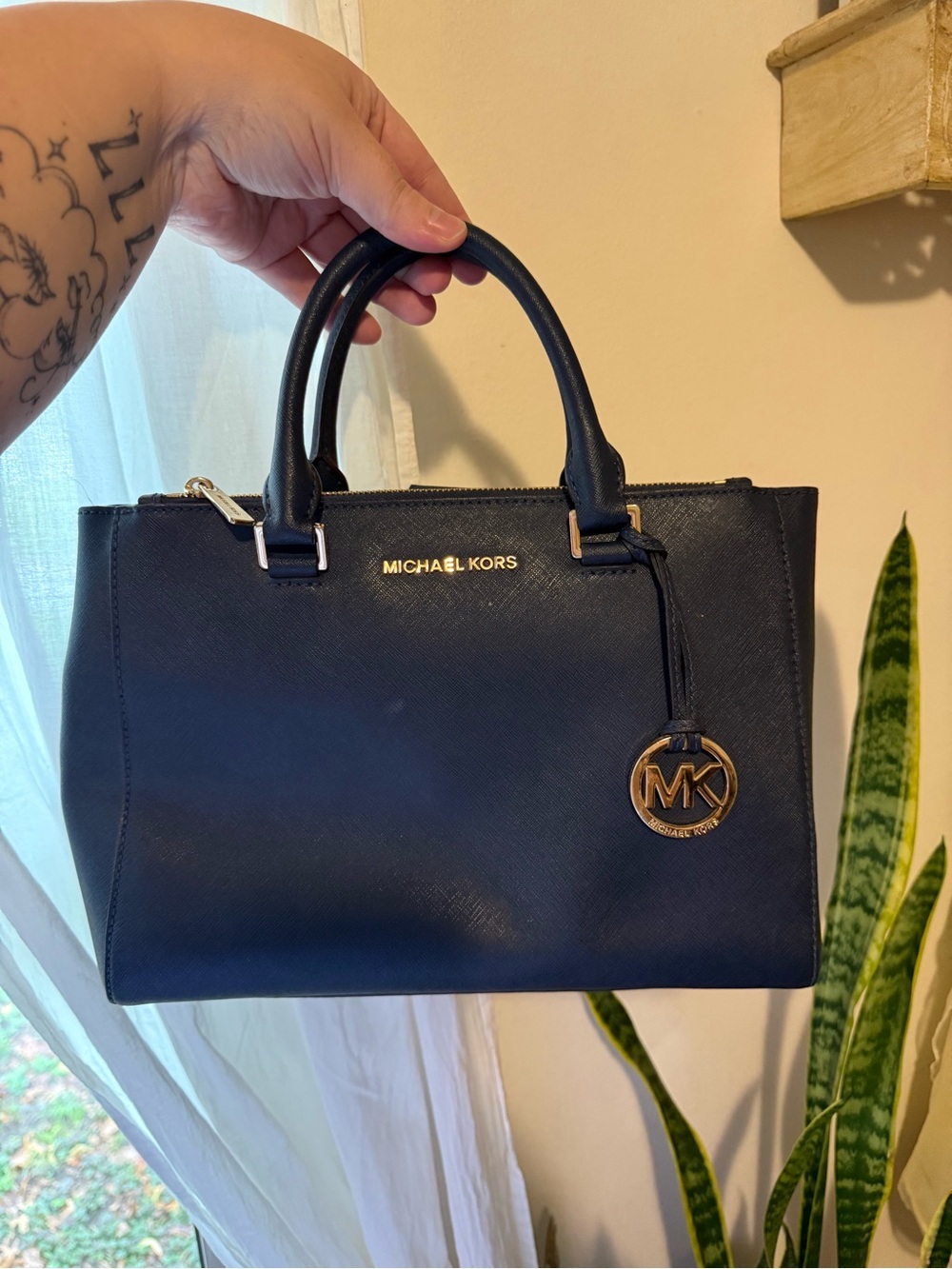 Michael Kors Navy Saffiano Satchel with Gold Hardware
